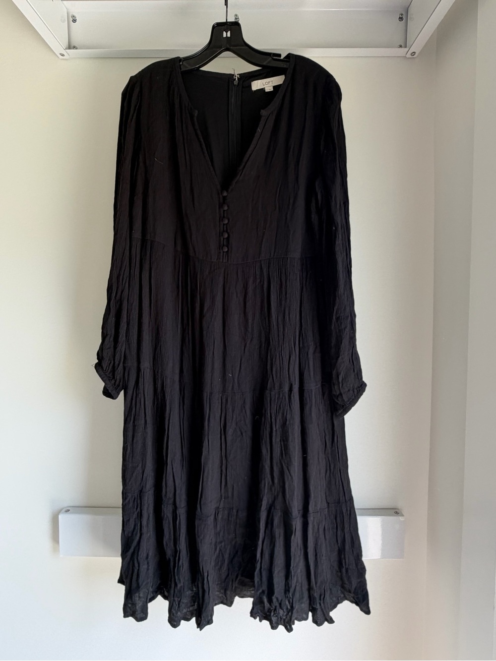 LOFT Black Long Sleeve Tiered Midi Dress with Button Placket